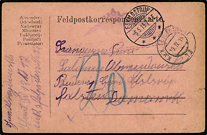 Ufrankeret østrigsk feltpostkort stemplet K.u.K. Feldpostamt 72 d. 19.4.1915 til Eskildstrup, Danmark. Udtakseret i 20 øre dansk porto.