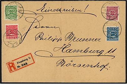 5 pfg., 10 pfg., 15 pfg. og 20 pfg. Fælles udg. på stort anbefalet brev fra Flensburg d. 1.4.1920 til Hamburg. Fold.