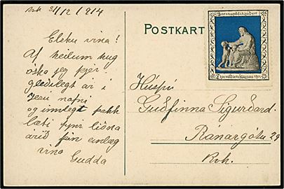 Thorvaldsen Foreningen Julemærke (Takket 3-sider) på ufrankeret lokalt brevkort i Reykjavik d. 31.12.1914.