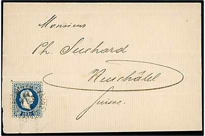 10 kr. Franz Joseph single på brev fra Wien d. 2?.5.1877 til Neuchatel, Schweiz.