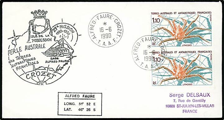 Terres Australes et Antarctiques Françaises (TAAF) 1,10 fr. Krabber i parstykke på brev annulleret Alfred Faure - Crozet d. 16.6.1990 til Frankrig. 