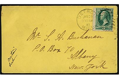 3 cents Washington på brev fra Detroit d. 29.1.1881 til Albany