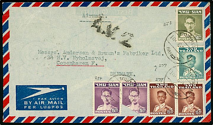 Blandingsfrankeret luftpostbrev fra Bangkok 1960 til København, Danmark. Sort luftpost stempel A.V.2. Et mærke defekt.