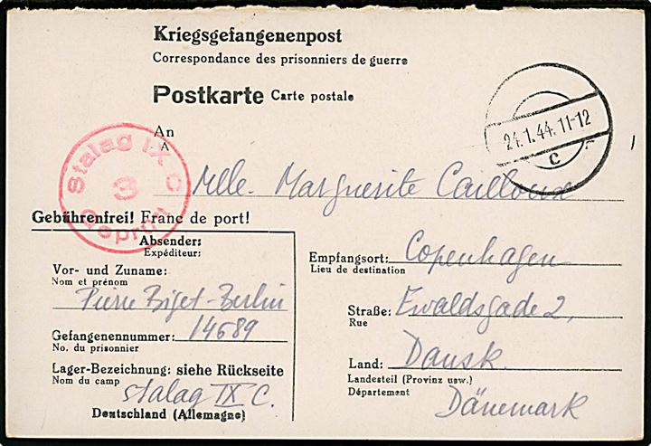 Ufrankeret spørgedel af dobbelt krigsfangekort med stumt stempel d. 24.1.1944 fra fransk krigsfange i Stalag IXC (= Bad Sulza, Tyskland) til København, Danmark. Rød lejrcensur.