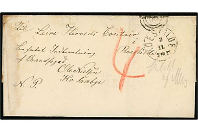 1872. Ufrankeret brev påskrevet Befalet Indberetning af Brandfoged Ole Nielsen, Kr. Saabye og N.P. (= Nedsat Porto) med kombineret nr.stempel 58/Roeskilde d. 3.11.1872 til Leire Herreds Contoir i Roeskilde. Udtakseret i 4 sk. porto.