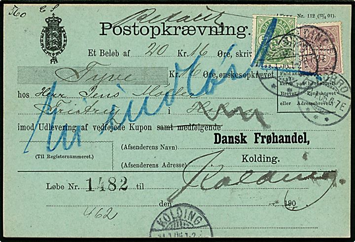 5 øre og 15 øre Våben på retur Postopkrævning fra Kolding d. 14.1.1906 til Hobro.