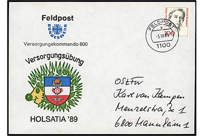 100 pfg. på illustreret feltpostkuvert fra Versorgungskommando 600 (Flensburg) under Versorgungsübung Holsatia '89 i Schleswig-Holstein (2.-11.10.1989) annulleret Feldpost a 1100 (= Feldpostleitstelle 11 Ladelund) d. 3.10.1989 til Mannheim. 