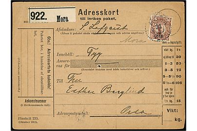 30 öre Gustaf single på adressekort for pakke fra Mora d. 30.10.1915 til Orsa.