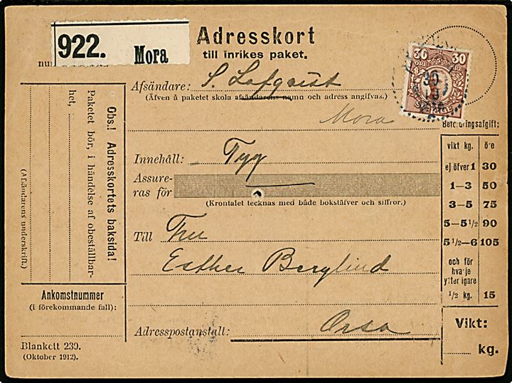 30 öre Gustaf single på adressekort for pakke fra Mora d. 30.10.1915 til Orsa.
