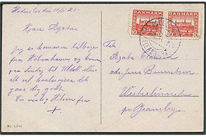 10 øre Genforening (2) på brevkort dateret Haderslev og annulleret med bureaustempel Fredericia - Flensborg T.926 d. 10.11.1921 til Gramby. Begge mærker med skader.