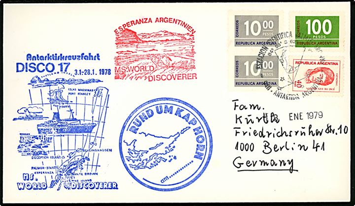 Blandingsfrankeret filatelistisk brev annulleret på den argentinske polarstation Esperanza under M/S World Discoverers krydstogt til Antarktis 3.1.-28.1.1978 til Berlin, Tyskland.