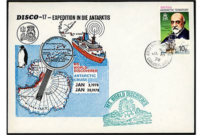 British Antarctic Territory 10d Charcot på uadresseret illustreret kuvert fra M/S World Discoverer Antarctic Cruise 1978 stemplet Argentine Island Grahamland d. 16.1.1978.