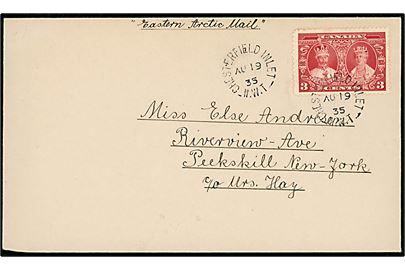 3 cents Silver Wedding på brev annulleret Chesterfield Inlet N.W.T. d. 19.8.1935 til Peekshill, New York, USA. Befordret med canadisk arktisk forsyningsskib Eastern Arctic Mail RMS Nascopie.