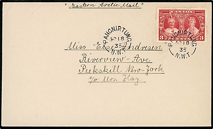 3 cents Silver Wedding på brev annulleret Pangnirtung N.W.T. d. 18.9.1935 til Peekshill, New York, USA. Befordret med canadisk arktisk forsyningsskib Eastern Arctic Mail RMS Nascopie.