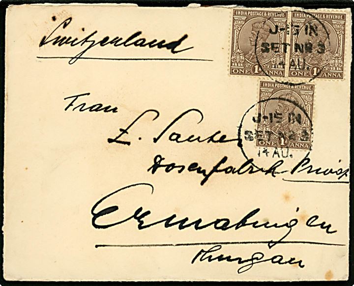 1 Anna (3) George V på brev annulleret med bureaustempel J-15 IN SET No. 3 d. 14.8.1930 til Ermatingen, Schweiz.
