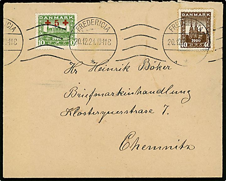 40 øre Genforening og 10+5 øre Røde Kors provisorium på brev fra Fredericia d. 20.12.1921 til Chemnitz, Tyskland.