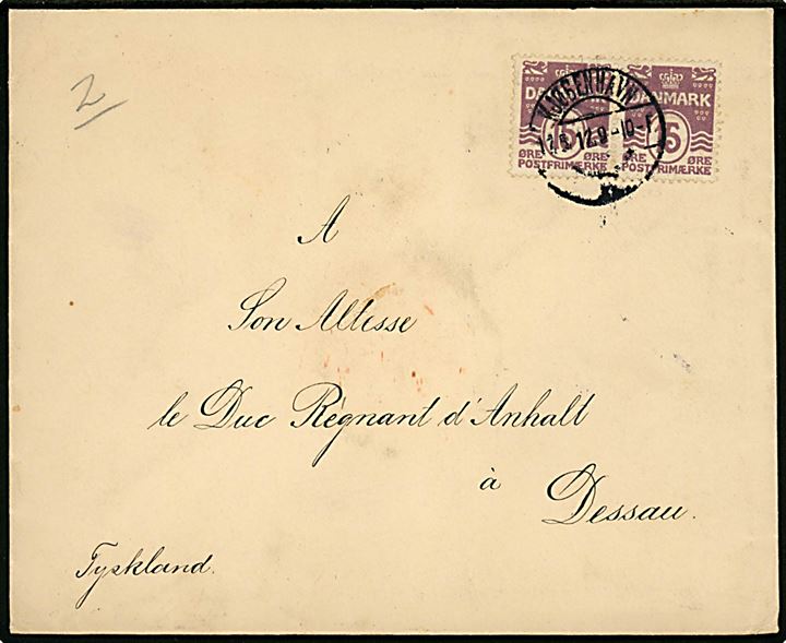 15 øre Bølgelinie i parstykke på 2. vægtkl. brev med stort royalt laksegl fra Kjøbenhavn d. 1.5.1912 til hertugen af Anhalt - formodentlig Frederik II - i Dessau, Tyskland.