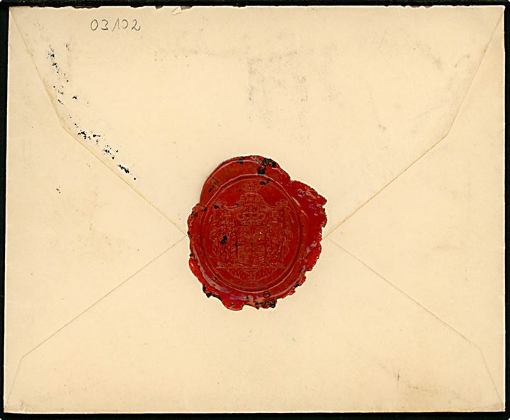 15 øre Bølgelinie i parstykke på 2. vægtkl. brev med stort royalt laksegl fra Kjøbenhavn d. 1.5.1912 til hertugen af Anhalt - formodentlig Frederik II - i Dessau, Tyskland.