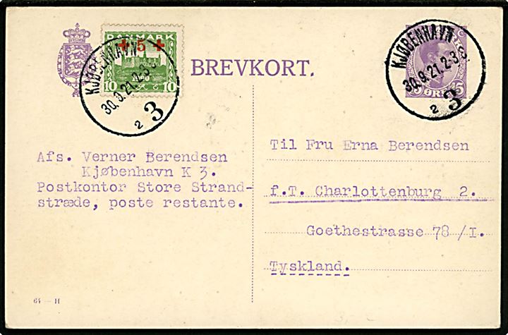 15 øre Chr. X helsagsbrevkort (fabr. 64-H) opfrankeret med 10+5 øre Røde Kors provisorium fra Kjøbenhavn d. 30.9.1921 til Charlottenburg, Tyskland.