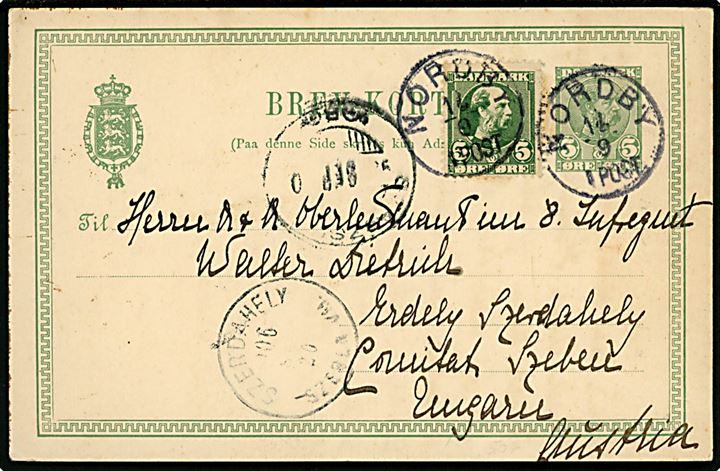 5 øre Chr. IX helsagsbrevkort opfrankeret med 5 øre Chr. IX annulleret med lapidar Nordby d. 17.9.1906 (bemærk omvedt 7-tal) til Szerdahely, Ungarn.