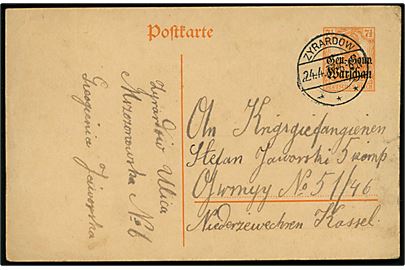 7½ pfg. Gen.-Gouw. Warschau provisorisk helsagsbrevkort fra Zyrardow d. 24.4.1917 til russisk krigsfange i lejr ved Kassel, Tyskland.