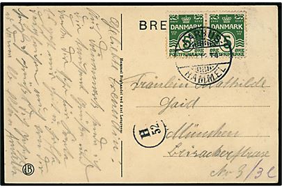 5 øre Bølgelinie i parstykke på brevkort (Støtten ved Frijsenborg) annulleret med bureaustempel Aarhus - Hammel T.4 d. 12.2.1912 til München, Tyskland.
