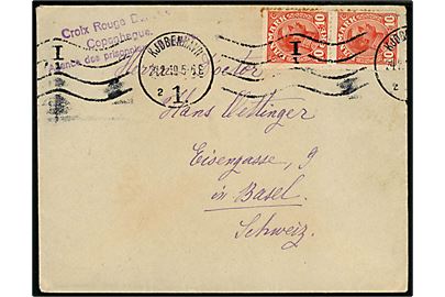 10 øre Chr. X i parstykke på åbent brev fra Petrograd i Rusland sendt via Dansk Røde Kors i Kjøbenhavn d. 24.2.1919 til Basel, Schweiz. Uden tegn på censur. 