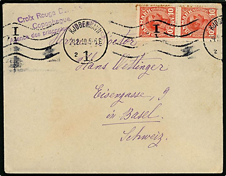 10 øre Chr. X i parstykke på åbent brev fra Petrograd i Rusland sendt via Dansk Røde Kors i Kjøbenhavn d. 24.2.1919 til Basel, Schweiz. Uden tegn på censur. 