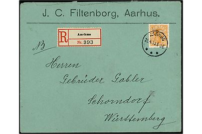 35 øre Chr. X single på anbefalet brev fra Aarhus d. 28.4.1915 til Schorndorf, Württemberg, Tyskland. Uden tegn på censur.