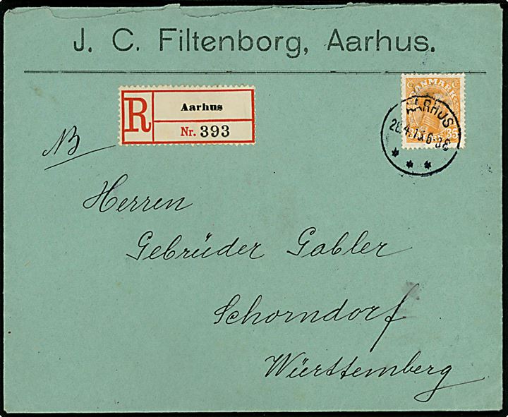 35 øre Chr. X single på anbefalet brev fra Aarhus d. 28.4.1915 til Schorndorf, Württemberg, Tyskland. Uden tegn på censur.