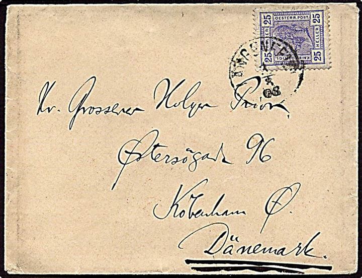 25 heller blå på brev d. 1.8.1908 til København.