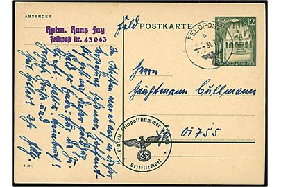 Generalgouvernement 12 gr. helsagsbrevkort anvendt som feltpostkort og annulleret Feldpost d. 31.7.1941 fra feldpostnummer 43043 (= Bahnhofsoffizier 370) til feldpostnummer 01755 (= 2. Kompanie Brücken-Bau-Bataillon 145).