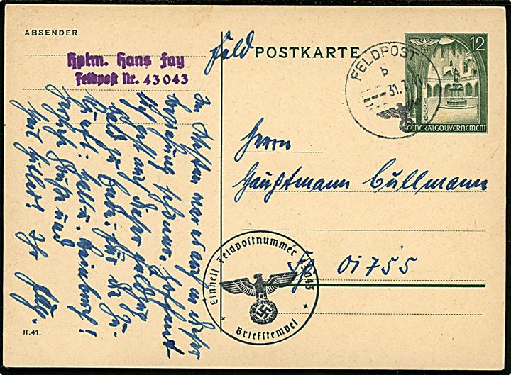 Generalgouvernement 12 gr. helsagsbrevkort anvendt som feltpostkort og annulleret Feldpost d. 31.7.1941 fra feldpostnummer 43043 (= Bahnhofsoffizier 370) til feldpostnummer 01755 (= 2. Kompanie Brücken-Bau-Bataillon 145).