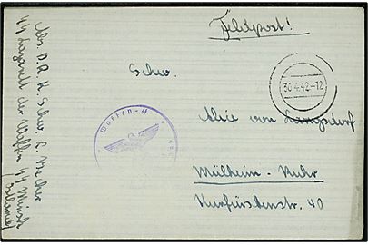 Ufrankeret feltpostbrev med stumt stempel d. 30.4.1942 til Mülheim, Tyskland. Sendt fra Deutsch Rote Kreuz (D.R.K.) sygeplejeske ved SS-Lazarett der Waffen-SS i Minsk, Ostland. Svagt briefstempel. 