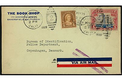 4 cents Martha Washington og 5 cents Luftpost på indenrigs luftpostbrev fra Bakersfield, California til Københavns Politi, Danmark. Luftpost etiket annulleret i New York med violette streger. 