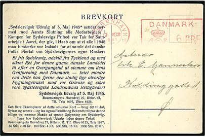 6 øre posthusfranko på lokalt brevkort sendt som tryksag i København d. 19.12.1947. På bagsiden kort over Sydslesvig med indtegning af bl.a. danske kirker og skoler. 