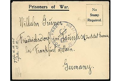 Ufrankeret krigsfangebrev med fuldt indhold fra tysk civil interneret i Knockaloe Aliens' Camp på Isle of Man d. 16.10.1915 til Frankfurt, Tyskland.