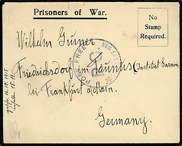 Ufrankeret krigsfangebrev med fuldt indhold fra tysk civil interneret i Knockaloe Aliens' Camp på Isle of Man d. 16.10.1915 til Frankfurt, Tyskland.