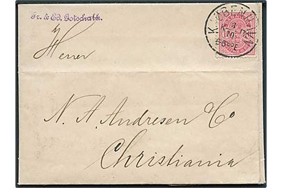 10 øre Våben anilinrød på brev annulleret med lapidar Kjøbenhavn K.B. d. 3.10.1887 til Christiania, Norge.