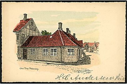 Odense. H.C. Andersens hus. Tegnet af Chr. Tom Petersen. U/no. 