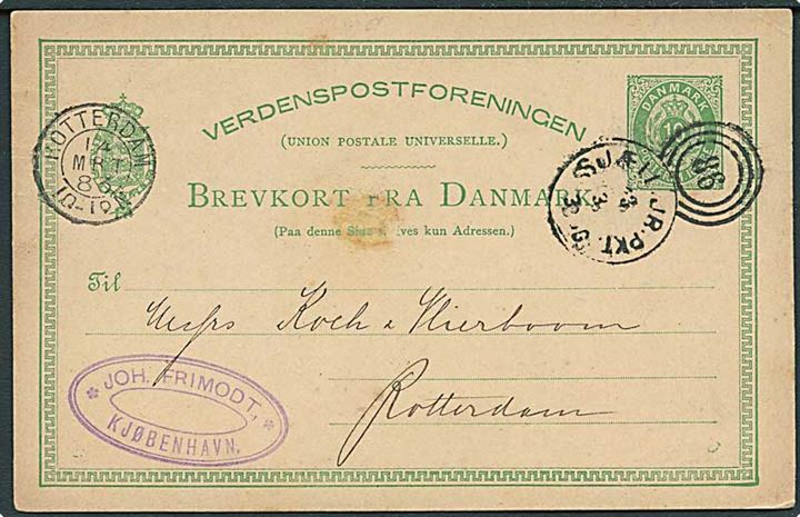 10 øre helsagsbrevkort fra Kjøbenhavn annulleret med kombineret nr.stempel 86/Sjæll.JB.PKT. d. 13.3.1883 til Rotterdam, Holland.
