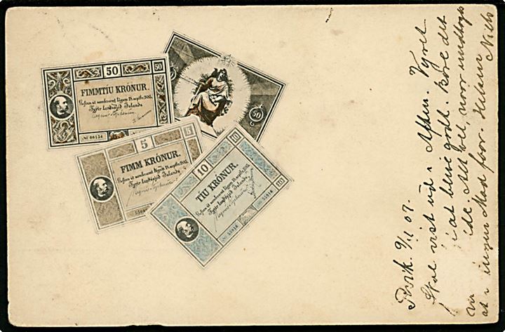 Islandske pengesedler. Anvendt i Reykjavik 1907. U/no. Skrammet.