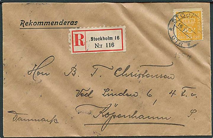 35 öre Posthorn single på anbefalet brev fra Stockholm d. 16.11.1929 til København, Danmark.