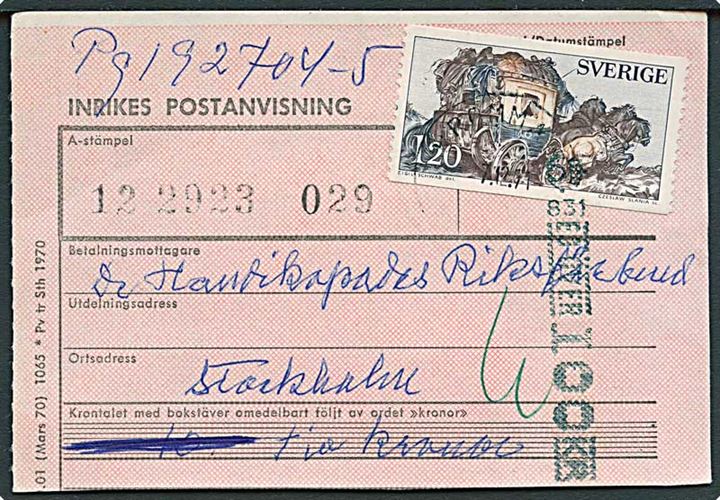 1,20 kr. Postdiligence på indenrigs postanvisning fra 1971.