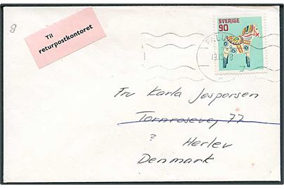 90 öre Legetøj på brev fra Falun d. 19.12.1978 til Herlev, Danmark. Retur via Returpostkontoret.