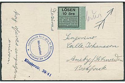 5 pfg. Hindenburg på billedside af underfrankeret brevkort fra Köln 1935 til Aneby, Sverige. Grøn 10 öre Lösen mærkat.
