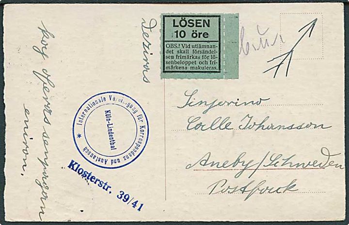 5 pfg. Hindenburg på billedside af underfrankeret brevkort fra Köln 1935 til Aneby, Sverige. Grøn 10 öre Lösen mærkat.
