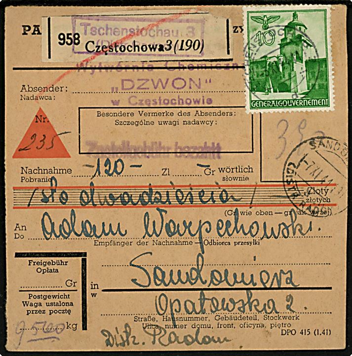 Generalgouvernement. 10 gr., 50 gr. (6) og 80 gr. Bygning på 3,90 zl. frankeret adressekort for pakke med postopkrævning fra Tschenstochau d. 3.11.1941 til Sandomierz Distr. Radom. 