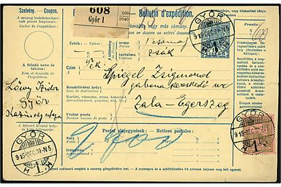 60 f. på 10 f. adressekort for pakke fra Györ d. 30-12-1915 til Zala-Egerzeg. 