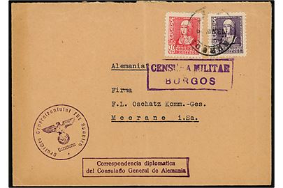 30 cts. og 40 cts. Isabel på brev fra det tyske generalkonsulat i Burgos d. 13.5.1939 til Meerane, Tyskland. Passér stemplet ved den spanske censur i Burgos.
